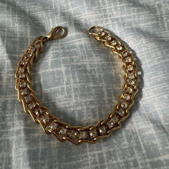 Vintage Rhinestone Gold Tone Link Tennis Bracelet 7” - Picture 1 of 4